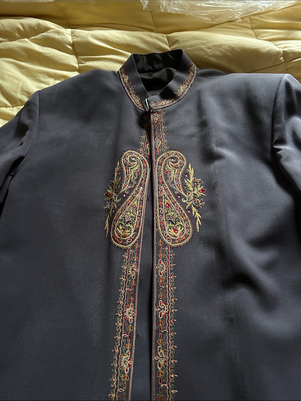 Black Men's Nehru Jacket with Gold & Red Paisley Embroidery